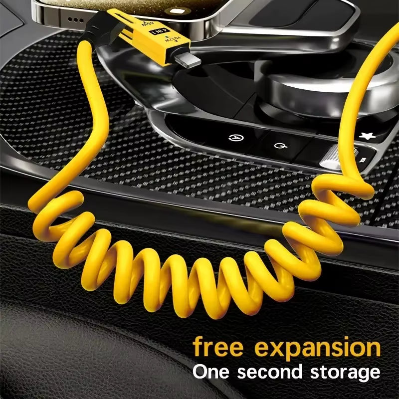 4 in 1 65W Spring Short Data Cable 6A USB Type C Telescopic Quick Charger Wire Spring USB Cable for Iphone 15 14 13 12 16 17 Pro