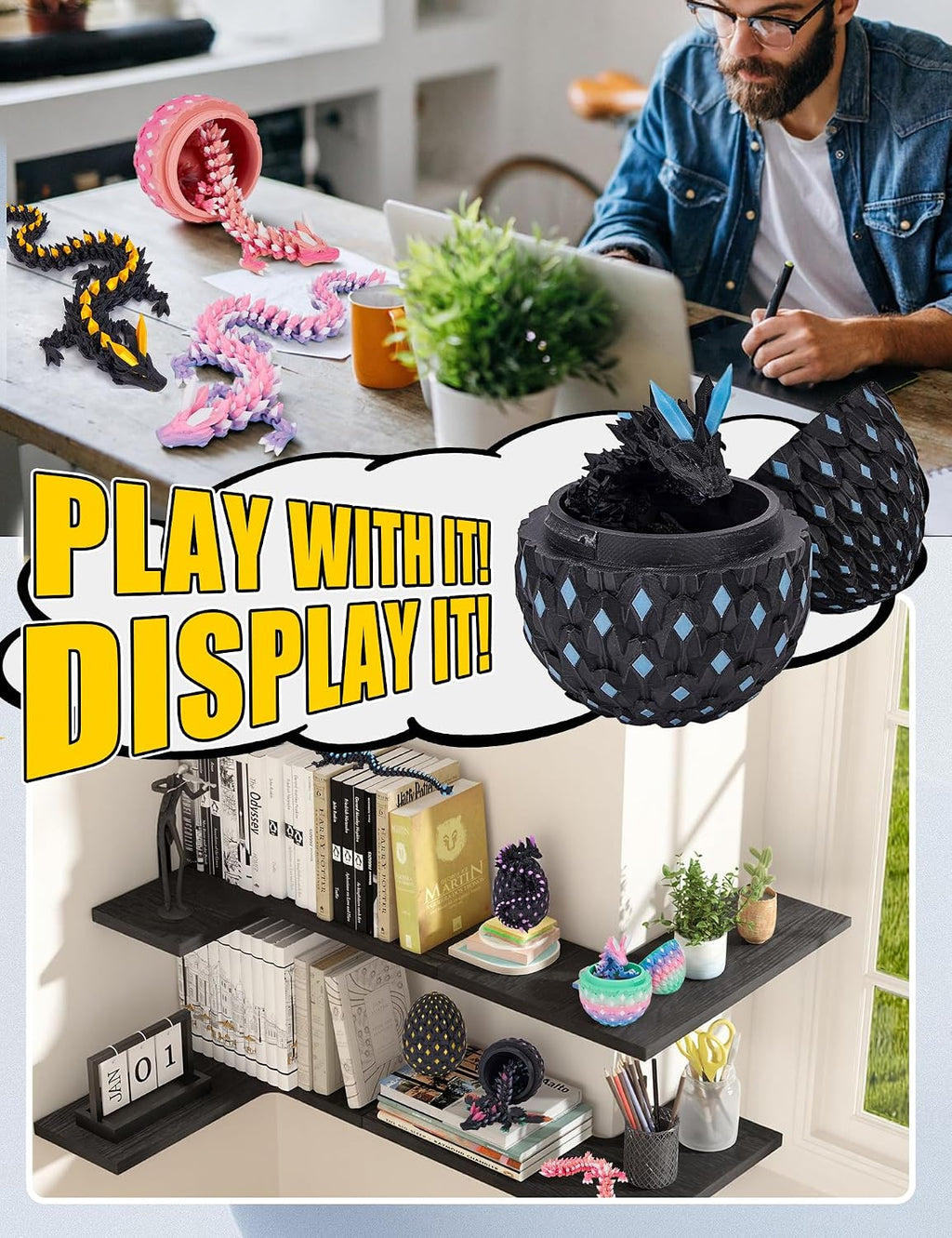 3D Printed Dragon Eggs Glow in the Dark Dragon Eggs with Dragon Toy 3D Printed Animals for Goodie Bag Fillers Pinata Stuffers for Kids Teens Treasure Box Toys for Classroom