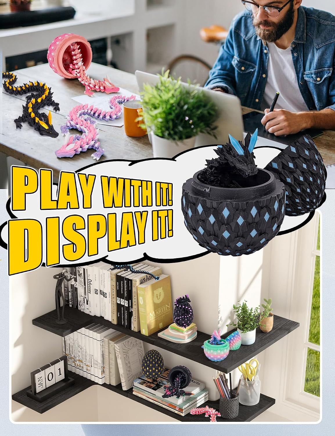 3D Printed Dragon Eggs Glow in the Dark Dragon Eggs with Dragon Toy 3D Printed Animals for Goodie Bag Fillers Pinata Stuffers for Kids Teens Treasure Box Toys for Classroom