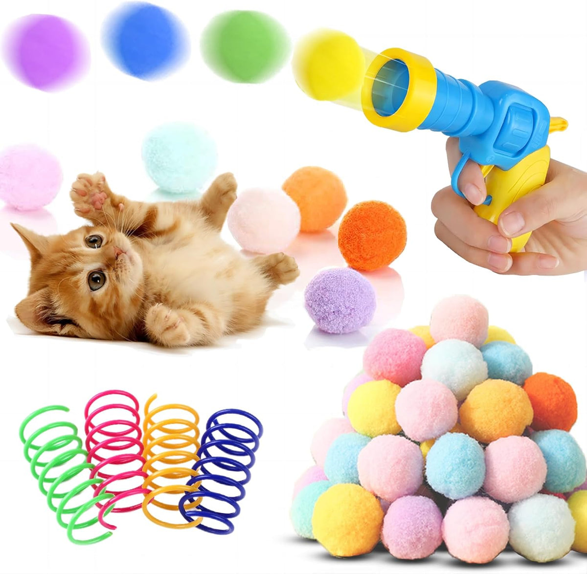 Low Noise Interactive Cat Ball Launcher Gun, 1 Noise-Reduced Launcher (New Upgraded), 20 Pcs Colorful Silent Plush Pom Pom Balls (1.2 Inches), with 4 Pcs Cat Spring Toy