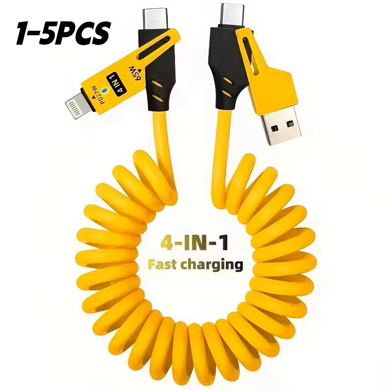 4 in 1 65W Spring Short Data Cable 6A USB Type C Telescopic Quick Charger Wire Spring USB Cable for Iphone 15 14 13 12 16 17 Pro
