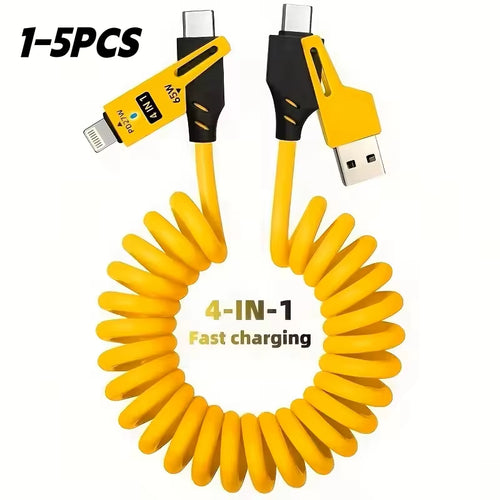 4 in 1 65W Spring Short Data Cable 6A USB Type C Telescopic Quick Charger Wire Spring USB Cable for Iphone 15 14 13 12 16 17 Pro