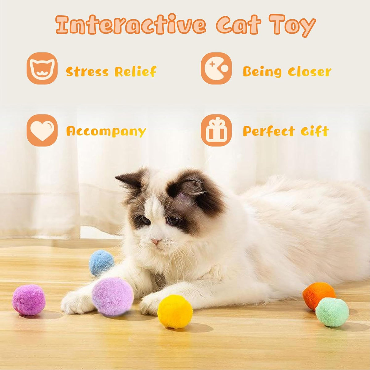 Low Noise Interactive Cat Ball Launcher Gun, 1 Noise-Reduced Launcher (New Upgraded), 20 Pcs Colorful Silent Plush Pom Pom Balls (1.2 Inches), with 4 Pcs Cat Spring Toy