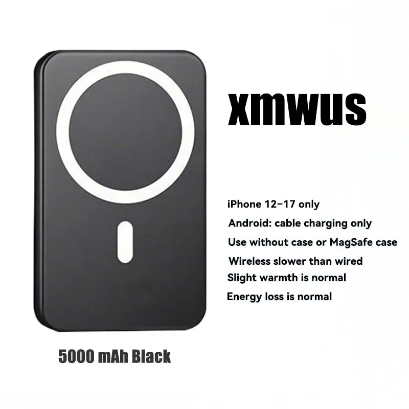 XMWUS 5000Mah Magnetic Power Bank, Wireless Portable Charger for Iphone 12-18 Series, Compatible with Magsafe Cases, Compact Travel Battery Pack