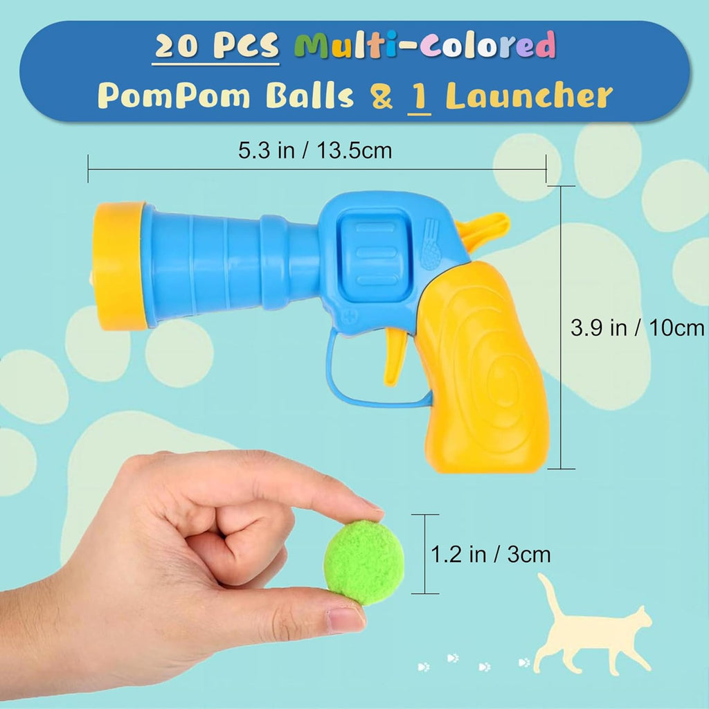 Low Noise Interactive Cat Ball Launcher Gun, 1 Noise-Reduced Launcher (New Upgraded), 20 Pcs Colorful Silent Plush Pom Pom Balls (1.2 Inches), with 4 Pcs Cat Spring Toy