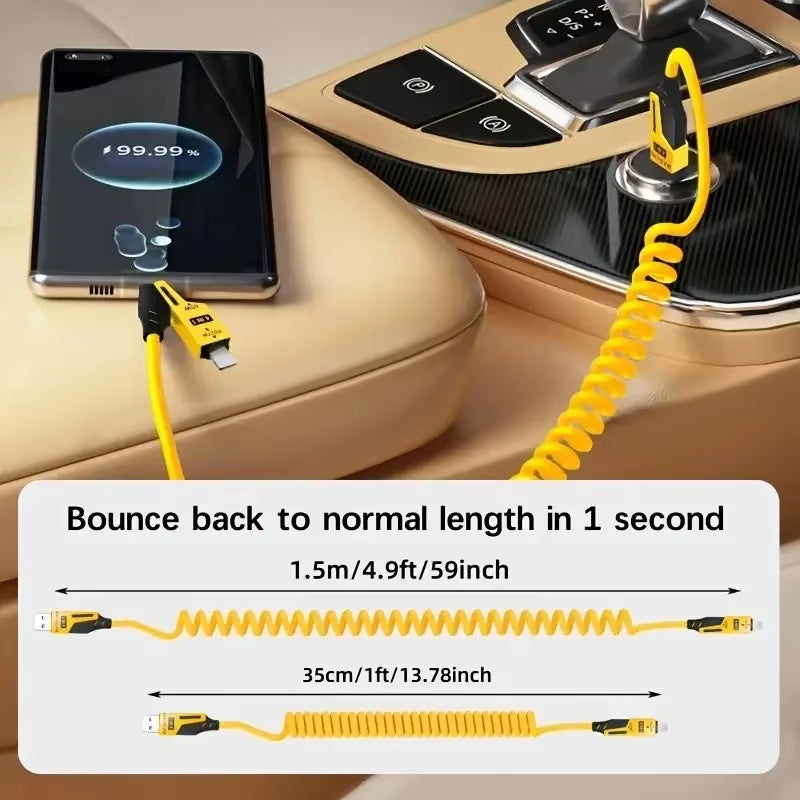 4 in 1 65W Spring Short Data Cable 6A USB Type C Telescopic Quick Charger Wire Spring USB Cable for Iphone 15 14 13 12 16 17 Pro